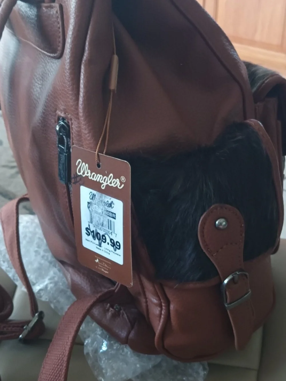 Wrangler Brown Faux Leather Backpack with Cowhide Accent